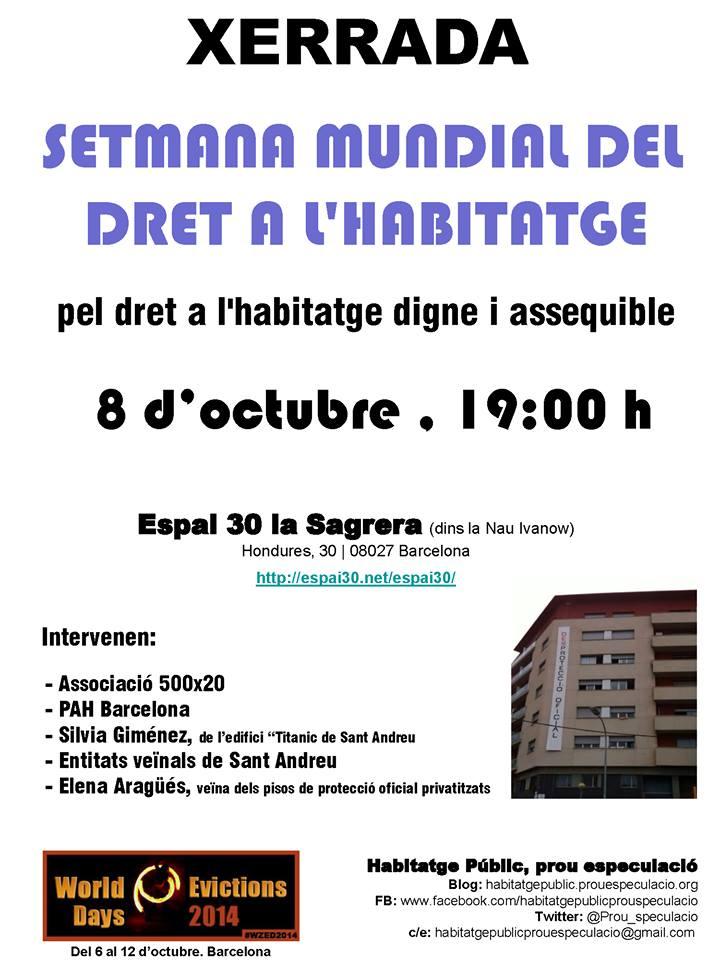 Barcelona, 8 octubre 19h, XERRADA - Setmana Mundial pel Dret a l'Habitatge